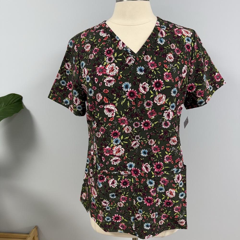 NWT Cherokee Scrub Top L Hunter Green Floral Cottage Garden Nurse Scrubs Uniform